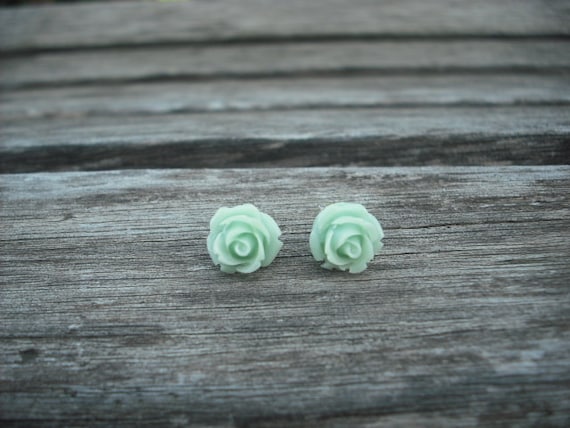 Mint green rose post earring | Etsy