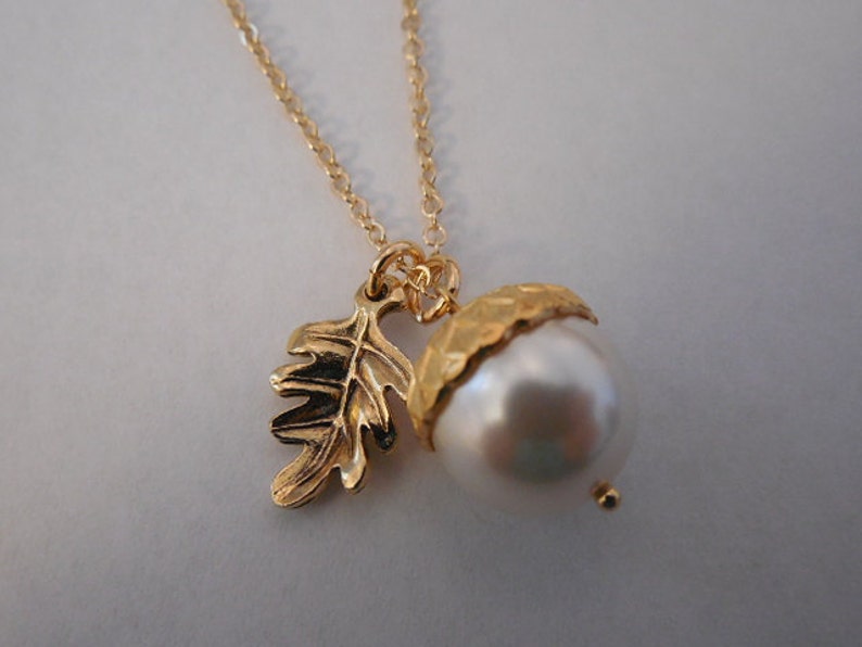 14k Gold Filled creamy pearl acorn necklace image 2