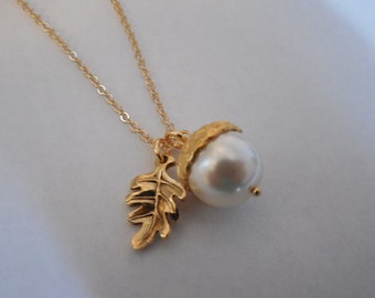 14k Gold Filled  - creamy pearl acorn necklace