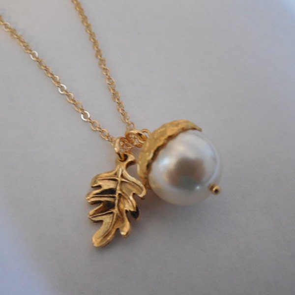 14k Gold Filled  - creamy pearl acorn necklace