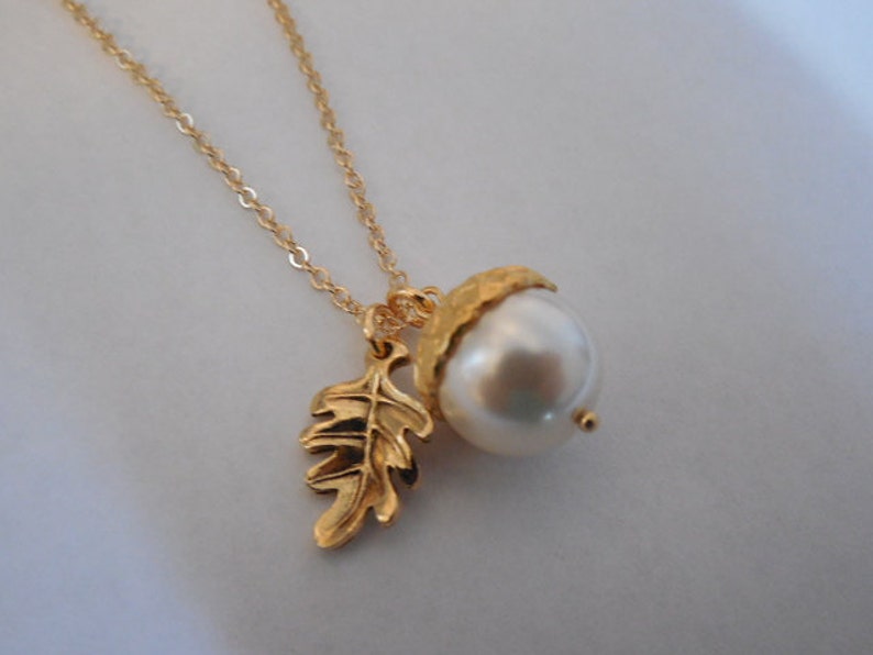 14k Gold Filled creamy pearl acorn necklace image 1