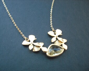 Sterling Silver Chain - matte yellow gold double orchid flowers with jonquil bezel necklace - bridesmaids gift, wedding gift
