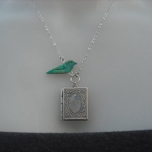 genuine turquoise bird and antique silver book locket necklace image 4