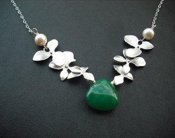 Sterling Silver Chain - double tripple orchid flowers with emerald greens mooth jade briolette - bridesmaids gift, wedding gift