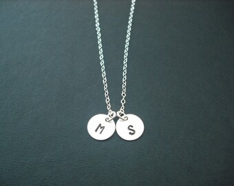 Personalized, Double Hand stamped initial disc pendant necklace - Sterling silver