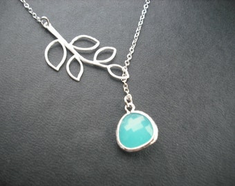 Sterling Silver Chain - five leaf branch and aqua blue glass briolette lariat