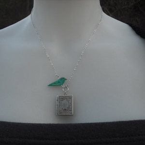 genuine turquoise bird and antique silver book locket necklace image 5