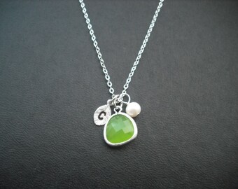 Sterling Silver Chain  - Bridesmaids gift, Wedding Gift, Hand stamped personalized initial necklace - peridot (lime green) bezel glass