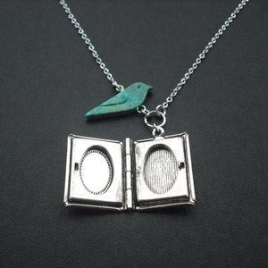 genuine turquoise bird and antique silver book locket necklace image 3