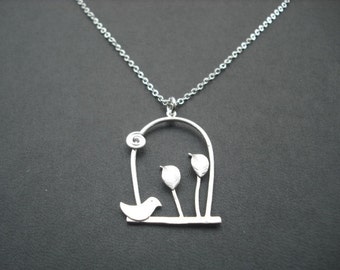 Sterling Silver Chain - little bird and leaves on a swing necklace