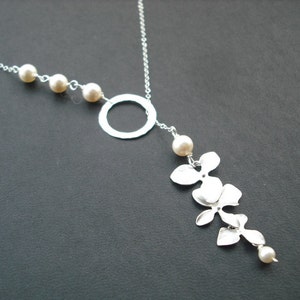 Sterling Silver Chain orchid flowers with sterling silver hammered ring lariat Bridesmaids gift, Wedding Gift image 2