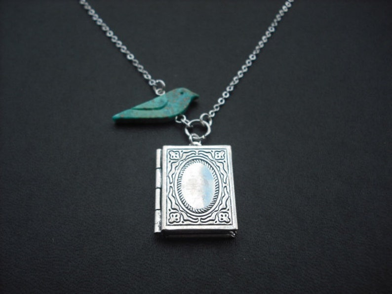 genuine turquoise bird and antique silver book locket necklace image 2