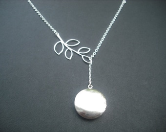 Bridesmaid Necklace, Antique Silver Locket Lariat Necklace with matte white gold five leaf branch, Birthday Gift, Bridesmaid Gift