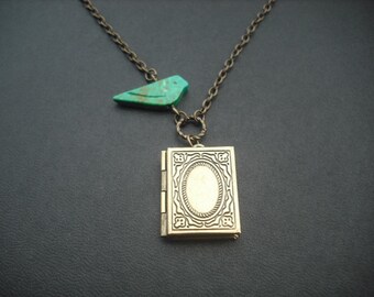 genuine turquoise bird and book locket necklace