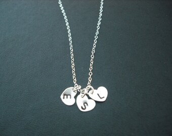 Personalized, Triple Hand stamped initial heart pendant necklace - sterling silver