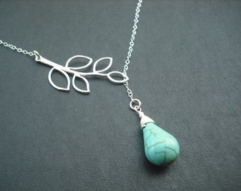 Sterling Silver Chain - five leaf branch and turquoise briolette lariat