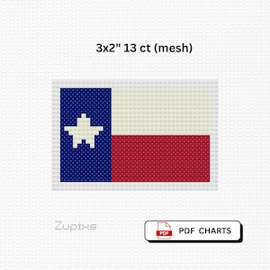 Op de afbeelding: Een kruissteekpatroon van de vlag van de staat Texas, met een blauwe verticale streep en een witte ster, een witte horizontale streep en een rode horizontale streep. De tekst "3x2" 13 ct (mesh)" staat boven de vlag. De tekst "PDF CHARTS" staat eronder.