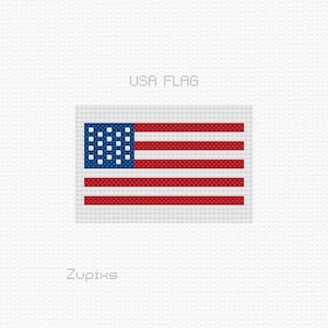 May include: A pixelated image of the American flag, with red and white stripes and a blue field of stars. The text "USA FLAG" is above the flag and the text "Zupixs" is below the flag.