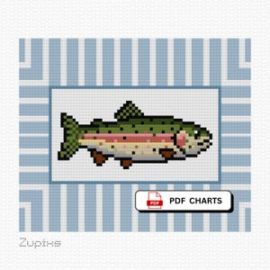 May include: A cross-stitch style image of a rainbow trout, with green, pink, and brown colours. The fish is framed by a blue and white striped border. The image includes the text "PDF CHARTS".