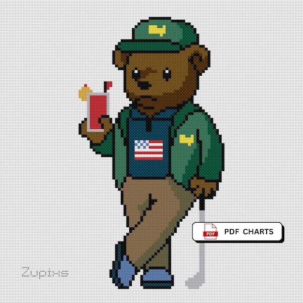 Tela con ricamo a punto croce Golf Bear: design sportivo preppy (download PDF)