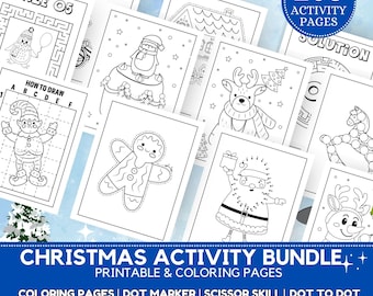 May include: A selection of Christmas activity pages, featuring coloring, dot-to-dot, mazes, and drawing guides. The image showcases festive illustrations like Santa, reindeer, and gingerbread people. The bundle contains 208 activity pages for children.