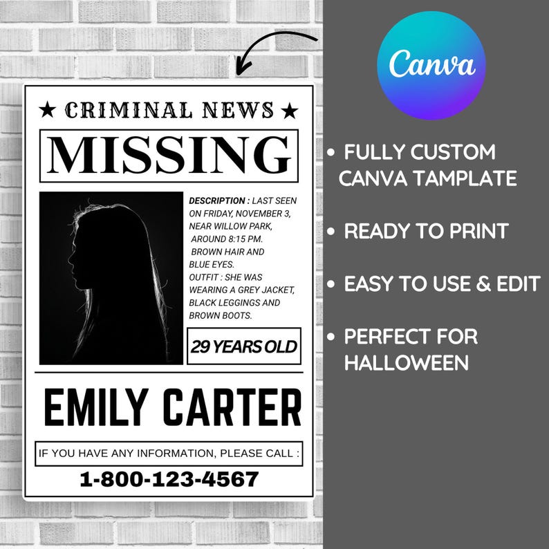 Editable Halloween Missing Sign Canva Template | Horror Missing Person ...