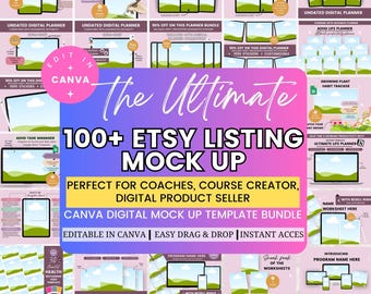 Paquete de más de 100 plantillas editables de Canva para maquetas de listados de Etsy, agendas y agendas de maquetas de Etsy, maquetas de arrastrar y soltar, maquetas de productos digitales.
