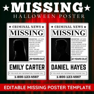 May include: A Halloween poster template with the word "MISSING" in large white letters. The poster includes two "Criminal News" sections with silhouettes and descriptions of missing individuals, Emily Carter and Daniel Hayes. Contact information is provided.