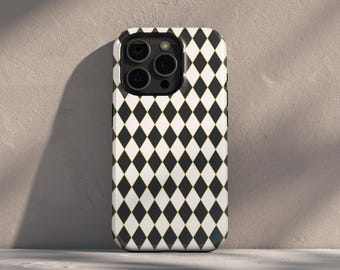 Harlequin Phone Case, Black and Cream Diamond Pattern, Art Deco