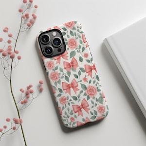Coral Rose & Bow Phone Case, Romantic Floral Design with Dusty Ribbons | For iPhone, Samsung and Google Pixel