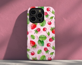 Rosa Obst Handyhülle, Aquarell Erdbeeren Kirschen Himbeeren