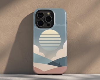 Minimal Sunset Landscape Phone Case, Blue Terracotta Cover, Calm Pastel Nature Design