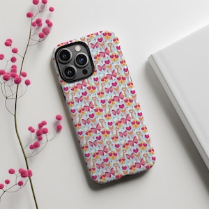 Cute Emoji Ice Cream iPhone Case, Kawaii Pink and Blue Phone Cover for iPhone 15 14 13 12, Heart Eyes & Bows Design