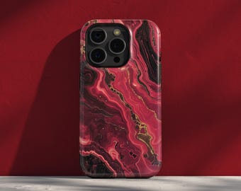 Red Marble Luxe Phone Case, Black Gold Abstract Pattern Cover, Bold Artistic Swirl Design