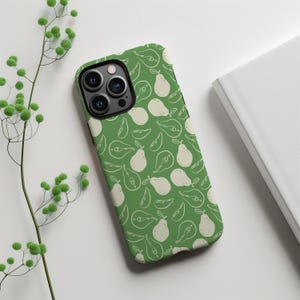 Pear-fectly Fresh Green Phone Case, Hand-Drawn Pear Pattern in Cream on Sage Green | For iPhone, Samsung and Google Pixel