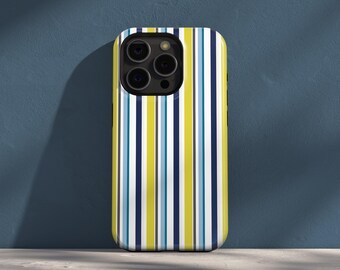 Color Block Striped Phone Case, Modern Navy Yellow Teal Design