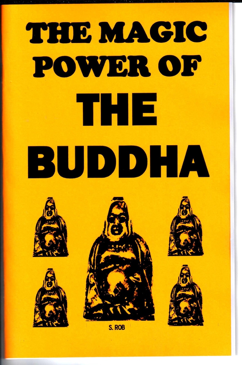 Puede incluir: Una portada de libro amarilla con el t&iacute;tulo "The Magic Power of The Buddha" en texto negro. La portada presenta cinco ilustraciones en blanco y negro de estatuas de Buda.