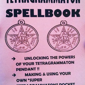May include: A pink book titled "SUPER TETRAGRAMMATON SPELLBOOK" with two pentagram symbols on the cover. The book describes unlocking the powers of a pendant, making and using a talisman, and more.