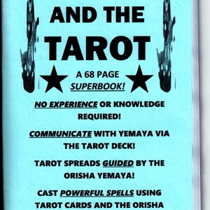 May include: A blue book cover with the title "YEMAYA AND THE TAROT" in black text. The book is described as a 68-page superbook that teaches how to communicate with the Orisha Yemaya using tarot cards.