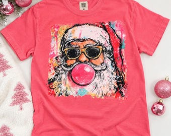 Pink Santa Shirt, Bubblegum Santa Christmas Tee, Comfort Colors Christmas Shirt, Retro Santa T Shirt, Girly Christmas Tee