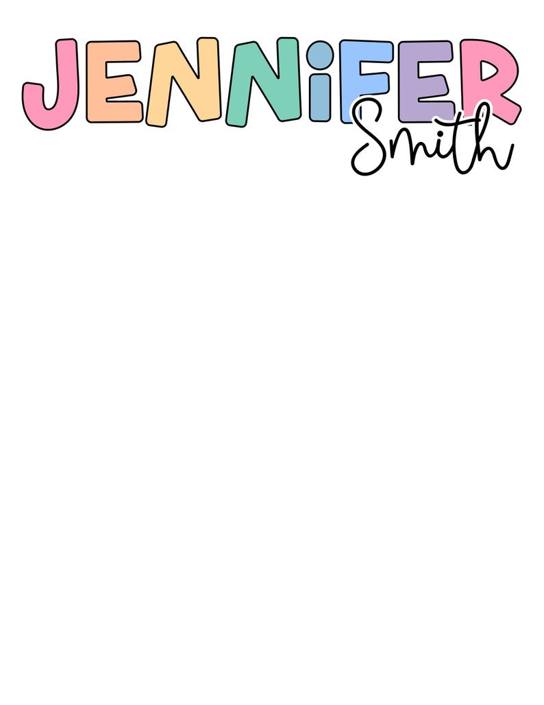 May include: The name JENNIFER is written in large, rounded, multicoloured block letters including pink, peach, mint green, light blue, and lavender. Below the name, the word Smith is written in a black, cursive, handwritten-style font.