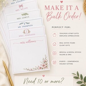 May include: A stack of personalised white paper notepads with floral and monogram designs, featuring names like Mrs. Anderson, Mrs. Miller, Mrs. Garcia, Mr. Thompson, Mrs. Johnson, and Mrs. Williams, alongside text promoting bulk orders and custom requests.