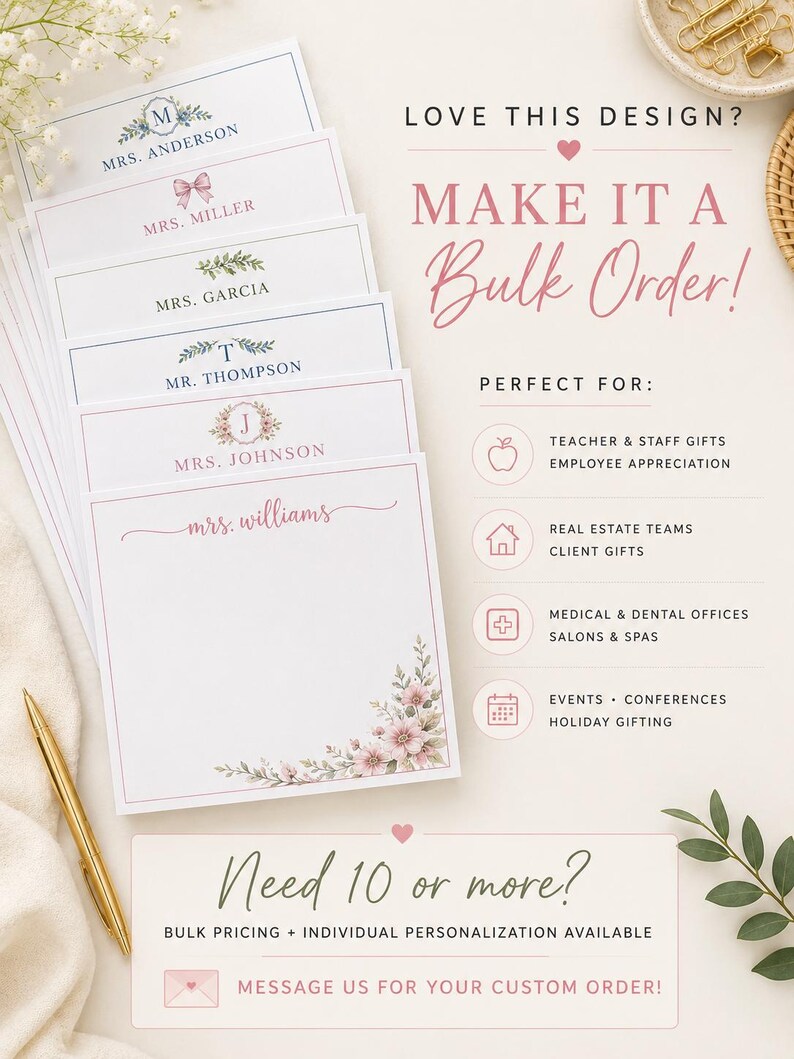 May include: A stack of personalised white paper notepads with floral and monogram designs, featuring names like Mrs. Anderson, Mrs. Miller, Mrs. Garcia, Mr. Thompson, Mrs. Johnson, and Mrs. Williams, alongside text promoting bulk orders and custom requests.