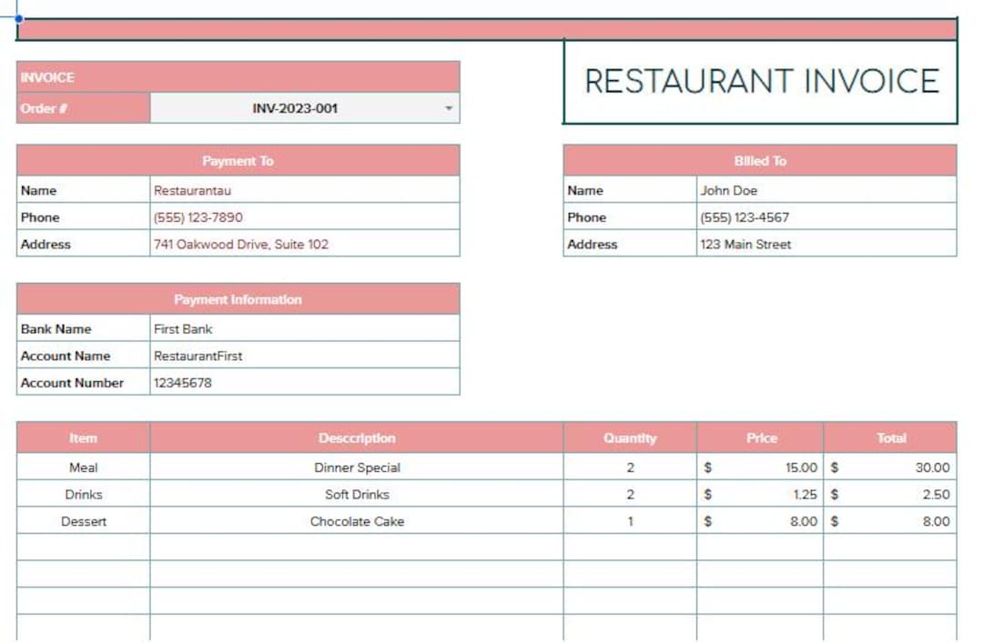 Restaurant Invoice Template, Editable Google Sheets, Digital Download ...