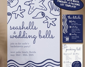 Lot d'invitations à un mariage, coquillages et cloches (téléchargement numérique)