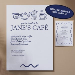 Pacote de convites e cardápios para festa em casa em cafeteria, convite para cafeteria em casa, download digital de modelo de convite personalizável, modelo Canva