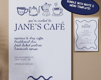Lot d'invitations et de menus pour un café : une invitation à un café personnalisable (modèle de toile, téléchargement numérique)