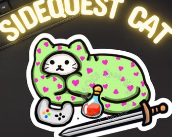 Gamer Cat Sticker Sidequest Kitty Decal Cozy Gaming Sticker Cat Sword Potion Sticker Gift for Girl Gamers Adventure Fantasy Cat Sticker