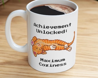 Pixel Cat Cozy Gamer Mug Achievement Unlocked Maximum Coziness Cute Cat Lover Gift Retro Pixel Art Coffee Cup Cozy Gaming Gift