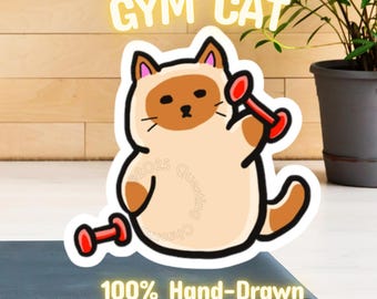 Gym Cat Sticker Decal White Border Exercise Cat Vinyl Decor for Laptops Notebooks Planners Journals Cat Gym Lover Gift for Weightlifter